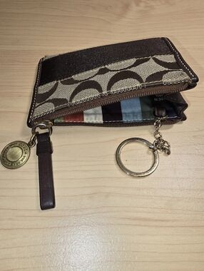 COACH Brown/Tan Signature Jacquard Zip Card Case with Keyring & Legacy Lining